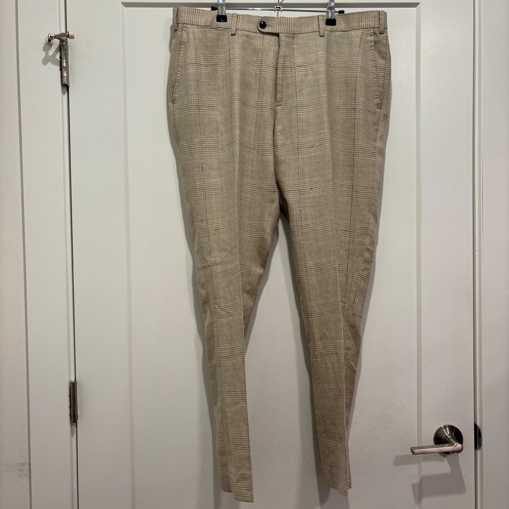 SuitSupply E. Thomas Tan Glen Plaid Wool Silk Linen Tapered Dress Pants Mens